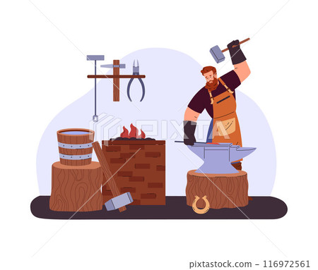 Blacksmith man strikes the anvil with big hammer, vector cartoon professional farrier worker hard working in the smithy 116972561