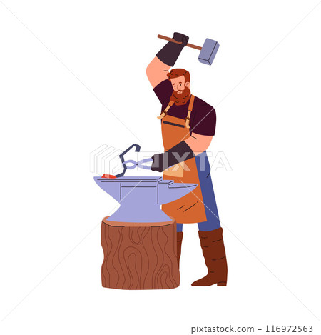 Bearded blacksmith with hammer and anvil in flat vector style. 116972563