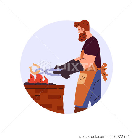 A bearded blacksmith heats a horseshoe over a fire, side view. A bearded blacksmith heats a horseshoe over a fire, side view. 116972565