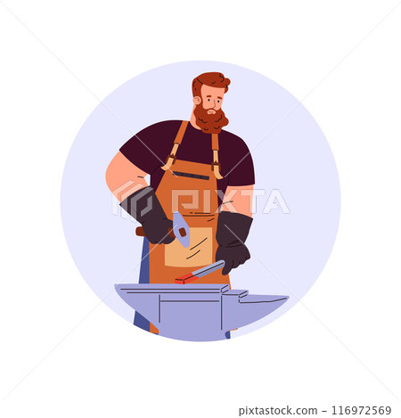 Vector graphics depicting a blacksmith working with a hammer with hot metal on a anvil 116972569