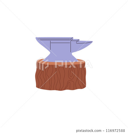 Vector graphics depicting a blacksmithing tool a steel anvil stands on a wooden stump 116972588