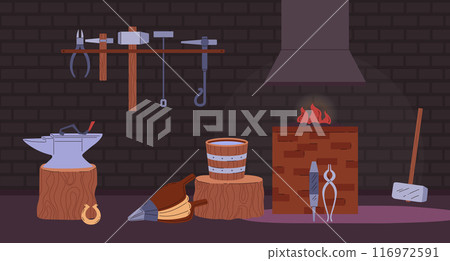 The vector illustration shows blacksmithing tools, including an anvil, bellows the background of the forge 116972591