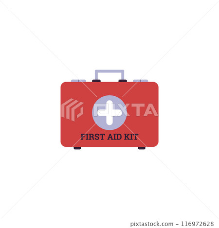 Vector illustration a red first aid kit with a cross symbol on a white background Vector illustration a red first aid kit with a cross symbol on a white background 116972628