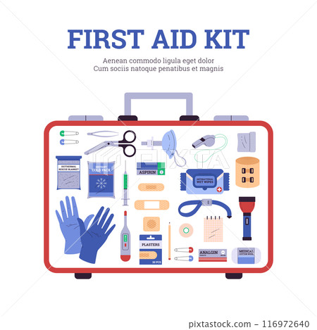 Vector illustration of a first-aid kit containing basic necessities for emergency cases 116972640