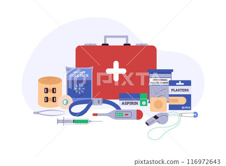 Vector illustration of a first aid kit with medicines. Flat style. 116972643