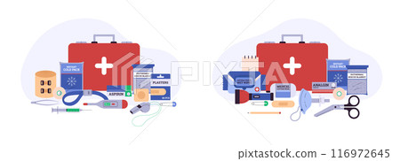 Vector set of two illustrations of a first aid kit with medicines. 116972645