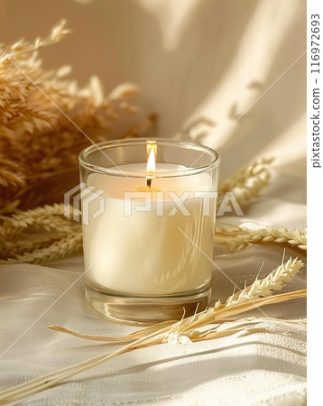 Candle mockup, An Elegant Candle Encased in Glass Featuring Natural Decor for a Stylish Ambiance 116972693
