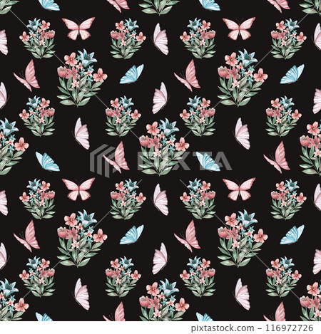 Fairytale butterflies and wild flowers in a seamless pattern on a black background in a watercolor illustration. Illustration for children's rooms, packaging, printing on fabric. 116972726