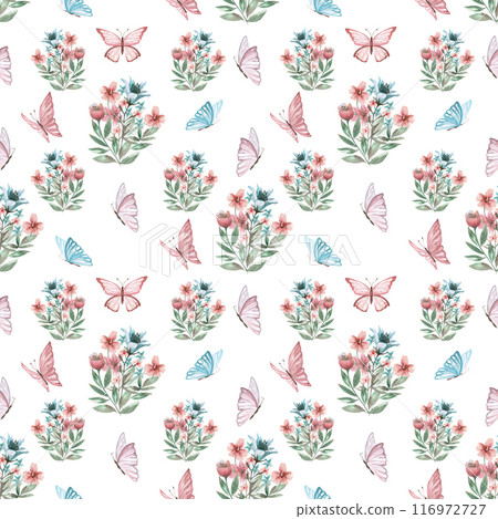 Fairytale butterflies and wild flowers in a seamless pattern on a white background in a watercolor illustration. Illustration for children's rooms, packaging, printing on fabric. Fairytale butterflies and wild flowers in a seamless pattern on a white background in a watercolor illustration. Illustration for children's rooms, packaging, printing on fabric. 116972727