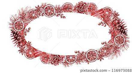 Frame with a cone, pine branch, anise in a watercolor illustration. Monochrome illustration on a Christmas theme for postcards, greetings, invitations. Illustration is isolated from the background. Frame with a cone, pine branch, anise in a watercolor illustration. Monochrome illustration on a Christmas theme for postcards, greetings, invitations. Illustration is isolated from the background. 116973088
