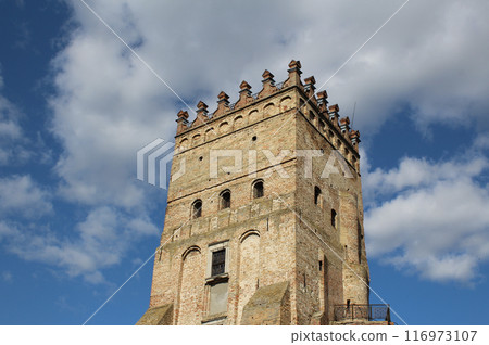 Old masonry of fortification tower at ancient castle over cloudy sky  116973107