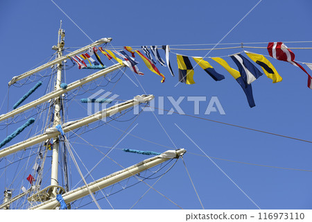 close-up view of the intricate rigging, masts, and sails of a tall ship 116973110