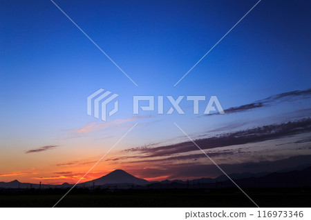 Evening view of the suburbs with a view of Mt. Fuji. Hiratsuka City, Kanagawa Prefecture 116973346