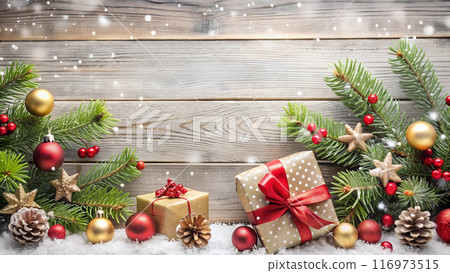 Christmas wooden background with copyspace, decorated with Christmas tree 116973515
