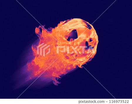 A flaming soccer ball hurtles through a dark space, leaving a trail of orange and purple flames 116973522