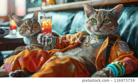 Stylish and Cool Cats Dressed in Futuristic Fashion Happily Enjoying Drinks While Relaxing on a Couch 116973739
