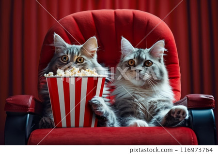 Have a fun movie night out with your furry friends, watching movies with popcorn and 3D glasses in cinema seats 116973764
