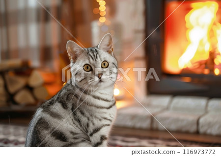 A Charming Cat Relaxing by the Cozy Fireplace in a Warm and Inviting Living Room Setting, Perfect for Comfort 116973772