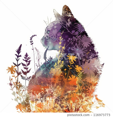 A Beautiful and Colorful Cat Silhouette Elegantly Surrounded by Gorgeous and Vibrant Floral Elements in Nature 116973773