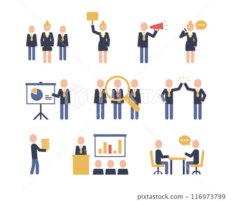 Business people icon pictograms. Leadership training, meeting and corporate career. Modern simple style pictogram concept. Blue color characters set. Simple material design for web and website. 116973799