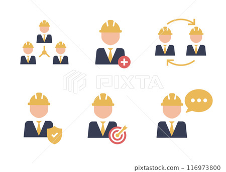 Constructions icons set on white background. Simple style pictogram set. Construction people pictograms. Constructions icons set on white background. Simple style pictogram set. Construction people pictograms. 116973800