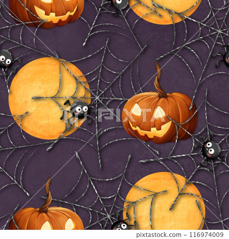 Halloween seamless pattern with spiders, cobweb, and pumpkins. Endless repeating texture for printing on package, wrapper, envelope, card or cloth. Halloween seamless pattern with spiders, cobweb, and pumpkins. Endless repeating texture for printing on package, wrapper, envelope, card or cloth. 116974009