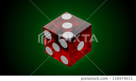 3d render of translucent red die with white pips sits on a green surface 116974011