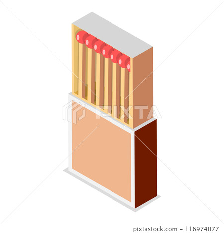 3D Isometric Flat Vector Illustration of Matchstick Box, Wooden Sticks for Making Bonfire Outdoor. Item 1 3D Isometric Flat Vector Illustration of Matchstick Box, Wooden Sticks for Making Bonfire Outdoor. Item 1 116974077