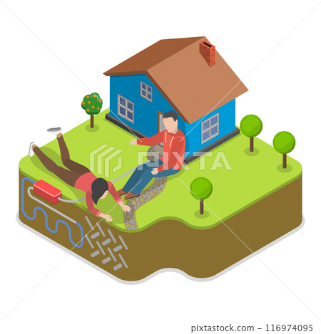 3D Isometric Flat Vector Illustration of Heat Pump, Eco Friendly House. Item 1 116974095