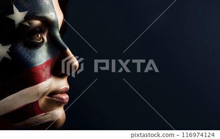 A woman with American flag face paint is lit up in profile A woman with American flag face paint is lit up in profile 116974124