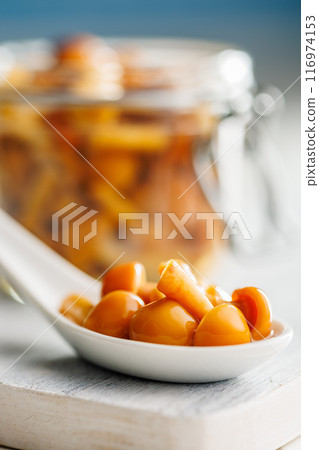 Pickled nameko mushrooms.Traditional japanese mushrooms in ceramic spoon on white table. 116974153