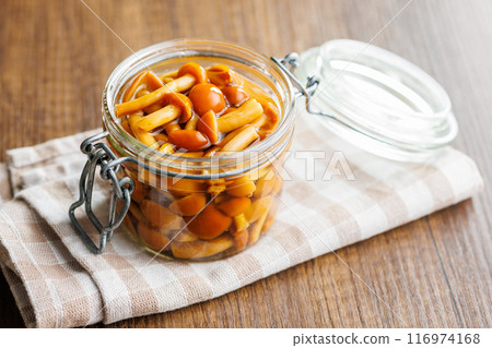 Pickled nameko mushrooms.Traditional japanese mushrooms in jar on wooden table. 116974168