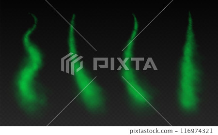 Green smoke trails, airplane condensation trails, toxic contrails, steam lines from fast motion of a plane. 116974321