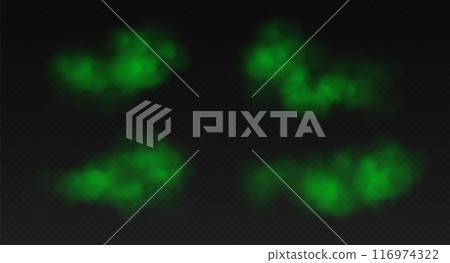 Green smoke, toxic cloud, realistic chemical gas, bad odour concept isolated on dark background. 116974322