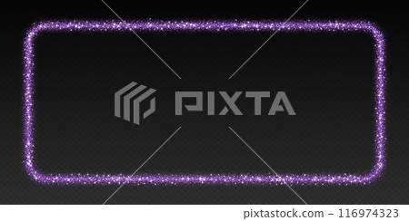 Purple glitter frame, shimmering border in rectangular shape, festive holiday sparkles. Christmas decoration. 116974323