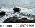 waves crashing on rocky shoreline 116974406