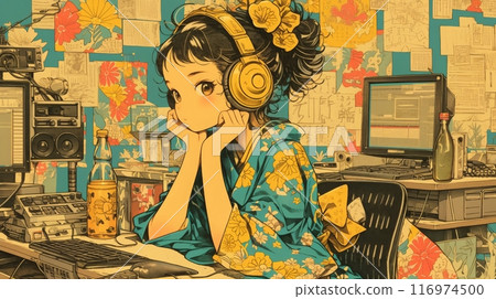 Illustration of a girl working at a desk while listening to music, Generative AI AI image Illustration of a girl working at a desk while listening to music, Generative AI AI image 116974500