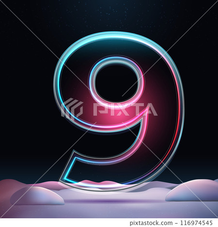 3D glass number 9 with neon light insight. Big relistic symbol with sparkles and winter background. Futuristic holiday decoration. Element for design poster, advertisign or game 116974545