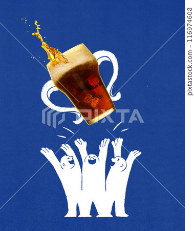 Group of white cartoon-like figures with joyful expressions celebrating victory with dark foamy beer glass over blue background. Trophy. Contemporary art collage. 116974608