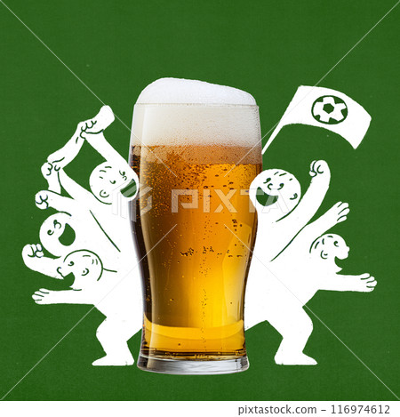 Glass of beer and group of white, cartoon-like figures celebrating winning match with raised arms against green background. Contemporary art collage. 116974612