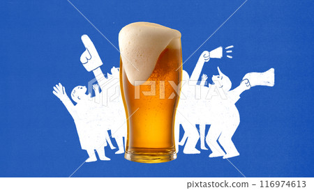 Glass of beer with foam surrounded by happy cartoon figures celebrating winning game with raised hands against blue background. Contemporary art collage. 116974613