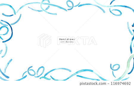 Watercolor painting. Summer background with watercolor touch. Geometric blue lines. Hand drawn freehand lines. 116974692