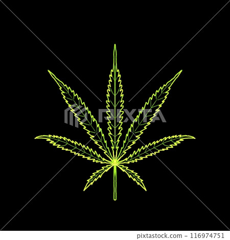 Transparent Abstract glowing Cannabis or Marijuana leaf. Green Neon Sign. luminous, iridescent symbol dark background. Isolated on black glow icon. png 116974751