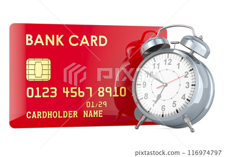 Credit Bank Card with alarm clock. 3D rendering Credit Bank Card with alarm clock. 3D rendering 116974797