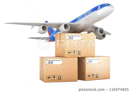 Parcels with mail aeroplane. Air freight concept, 3D rendering 116974805