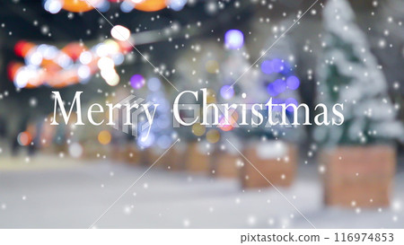 The words Merry Christmas on a blurred background of Christmas trees, a decorated street, luminous decorations and lamps on the street in winter during a snowfall. Looping seamless animation backdrop 116974853