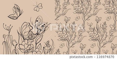 Illustration of a black and white coloring page with butterflies and flowers isolated  116974870