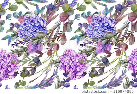 Summer pattern with hydrangea flowers drawn in pencil and watercolor for textiles and design 116974895