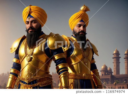 Two men dressed in yellow turbans and blue tunics, standing in front of a city skyline. Two men dressed in yellow turbans and blue tunics, standing in front of a city skyline. 116974974