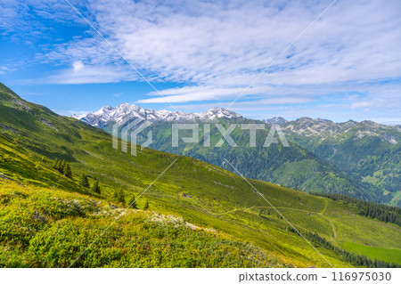 Majestic alpine panorama with glacier mountain of Grossvenediger. The main peak of the Venediger Group in Hohe Tauern mountain range. Austrian Alps, Austria. Majestic alpine panorama with glacier mountain of Grossvenediger. The main peak of the Venediger Group in Hohe Tauern mountain range. Austrian Alps, Austria. 116975030